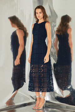 Textured Navy Sleeveless Maxi Dress - Lush Lemon - Women&