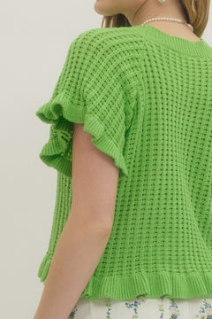 Textured Open Knit Flutter Sleeve Top - Lush Lemon - Women&