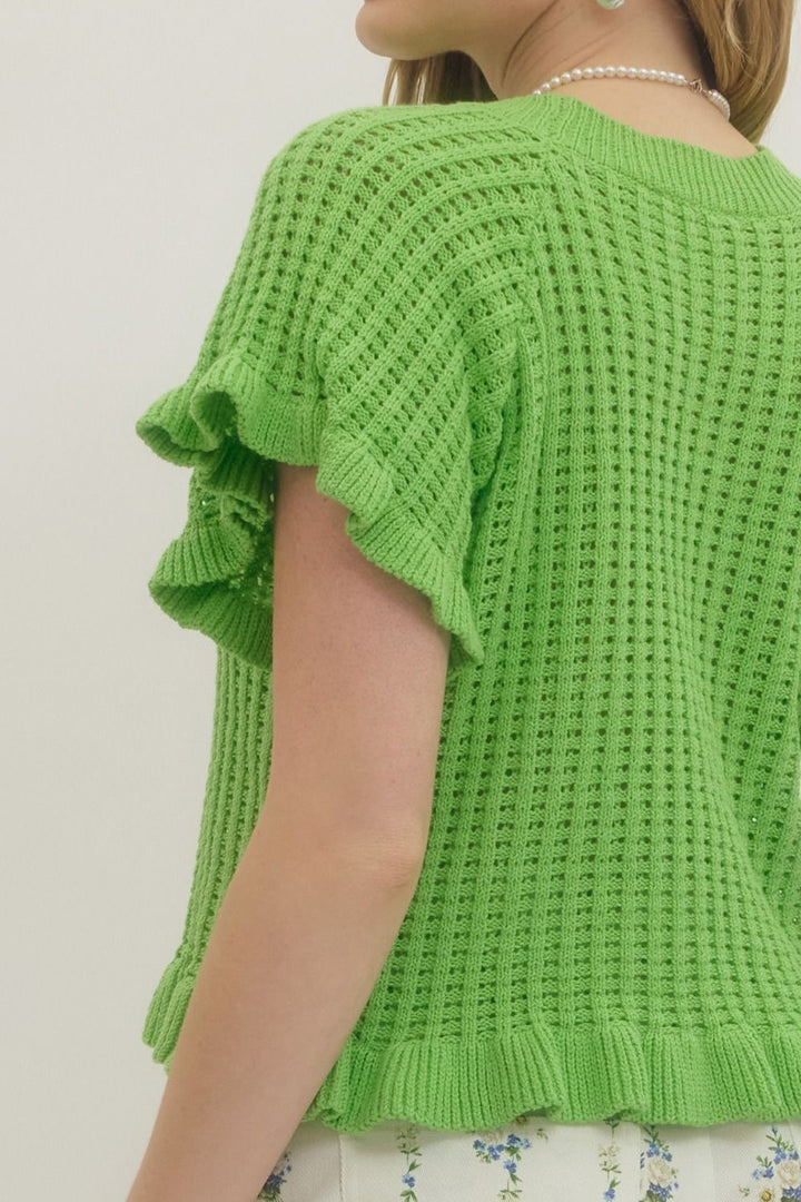 Textured Open Knit Flutter Sleeve Top - Lush Lemon - Women's Clothing - Entro - 76628081041565