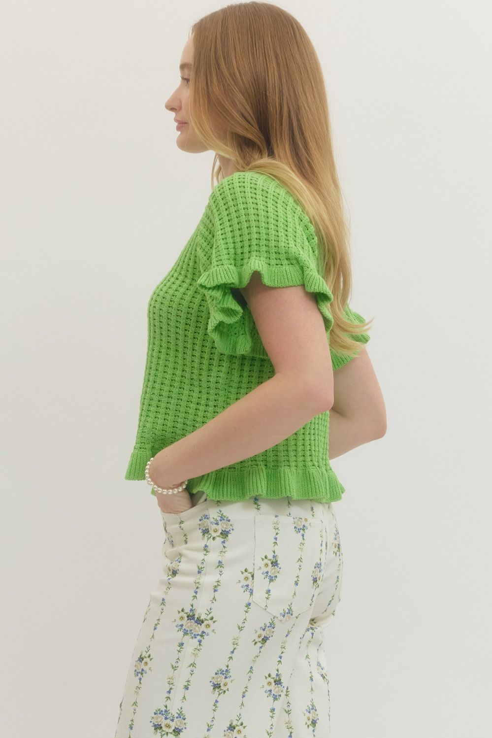 Textured Open Knit Flutter Sleeve Top - Lush Lemon - Women's Clothing - Entro - 76628081041565