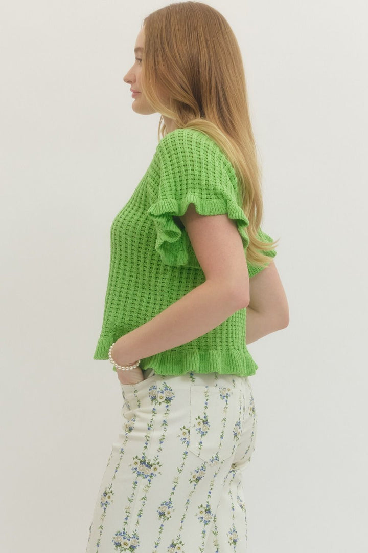 Textured Open Knit Flutter Sleeve Top - Lush Lemon - Women's Clothing - Entro - 76628081041565