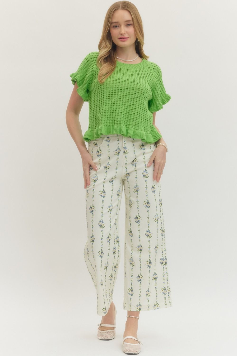 Textured Open Knit Flutter Sleeve Top - Lush Lemon - Women's Clothing - Entro - 76628081041565