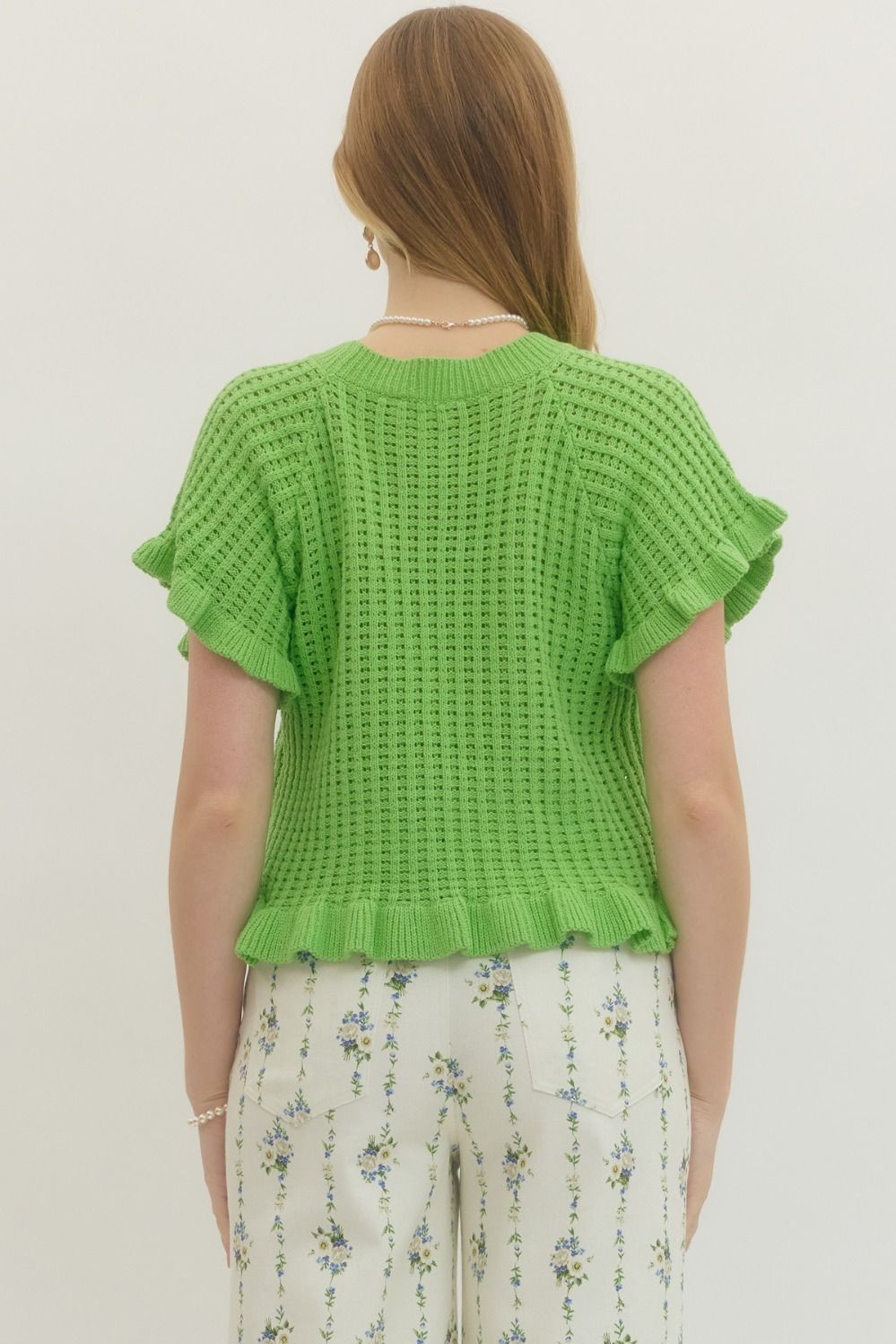 Textured Open Knit Flutter Sleeve Top - Lush Lemon - Women's Clothing - Entro - 76628081041565