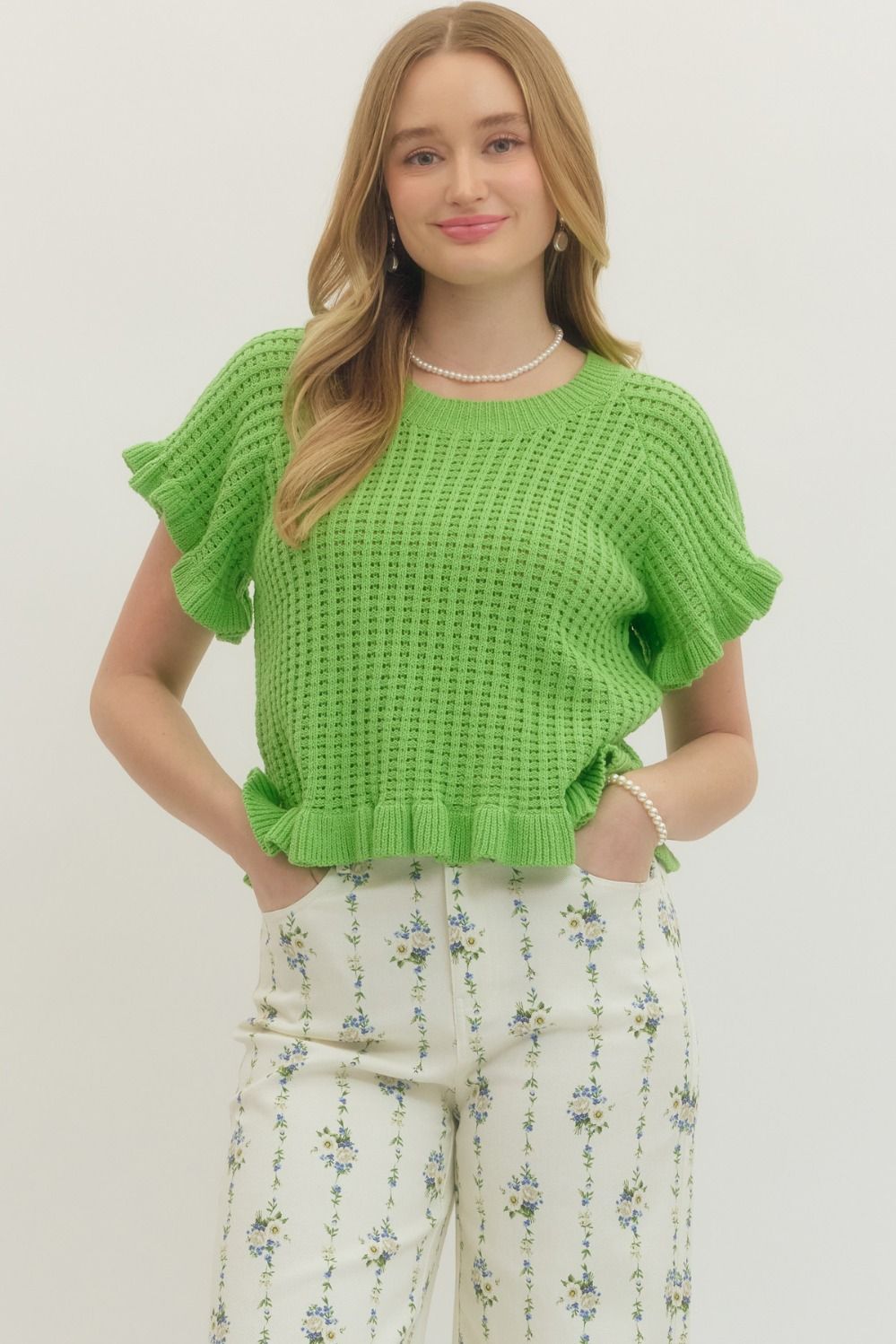 Textured Open Knit Flutter Sleeve Top - Lush Lemon - Women's Clothing - Entro - 76628081041565