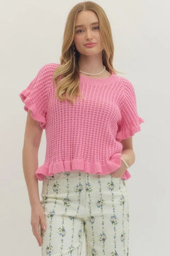Textured Open Knit Flutter Sleeve Top - Lush Lemon - Women&