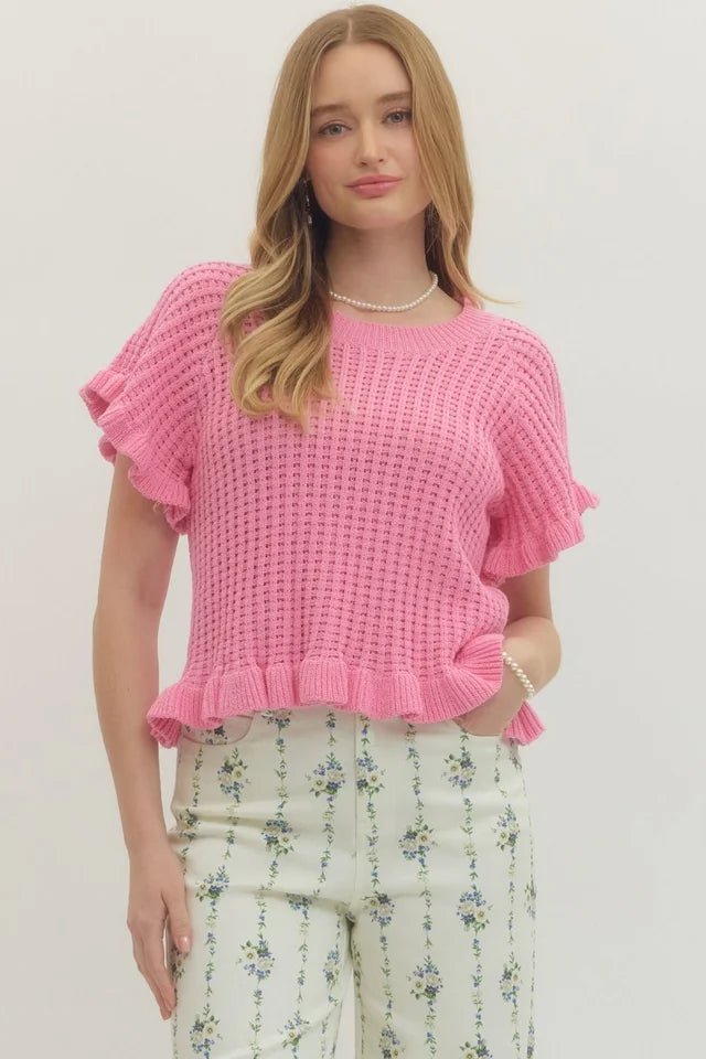 Textured Open Knit Flutter Sleeve Top - Lush Lemon - Women's Clothing - Entro - 76628081339869
