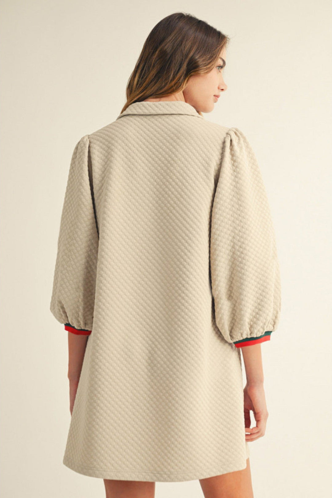 Textured Puff Sleeve Dress W/Stripe Trim - Lush Lemon - Women's Clothing - Jodifl - 13410021046493