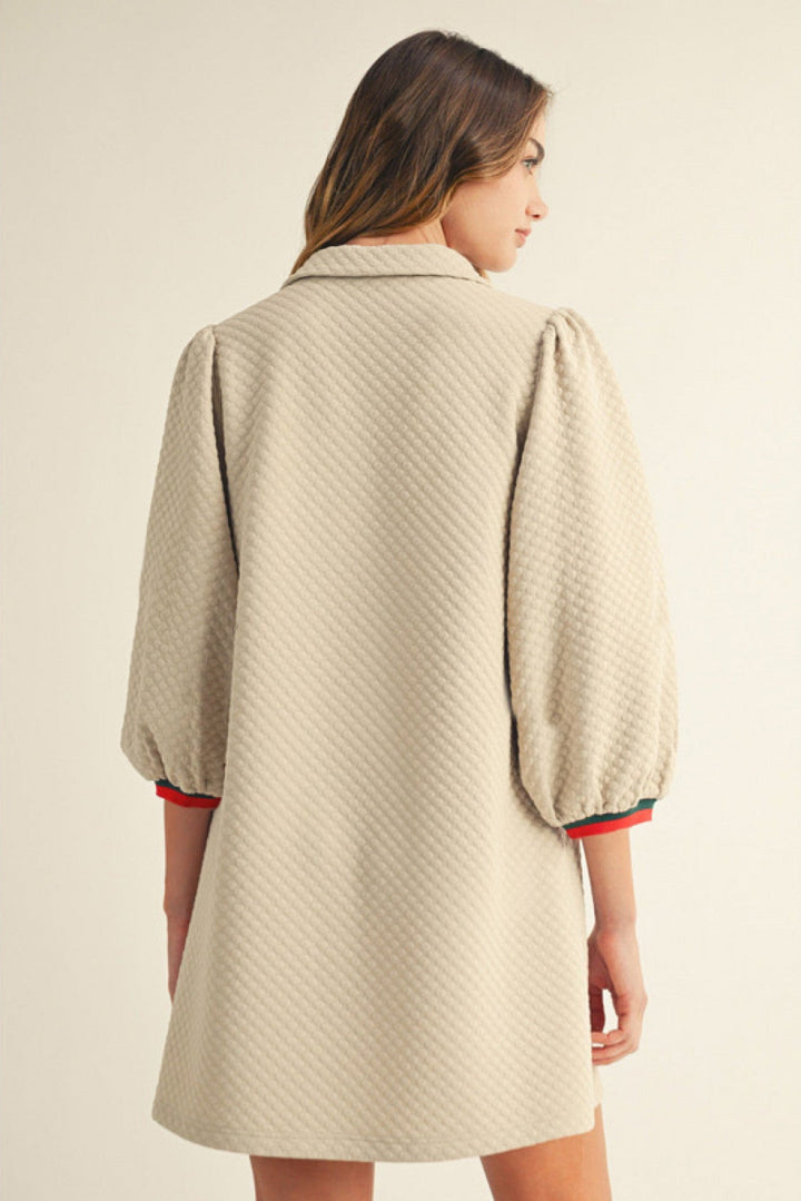 Textured Puff Sleeve Dress W/Stripe Trim - Lush Lemon - Women's Clothing - Jodifl - 13410021046493