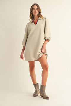 Textured Puff Sleeve Dress W/Stripe Trim - Lush Lemon - Women&