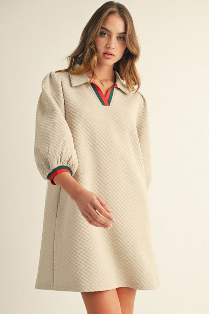 Textured Puff Sleeve Dress W/Stripe Trim - Lush Lemon - Women's Clothing - Jodifl - 13410021046493