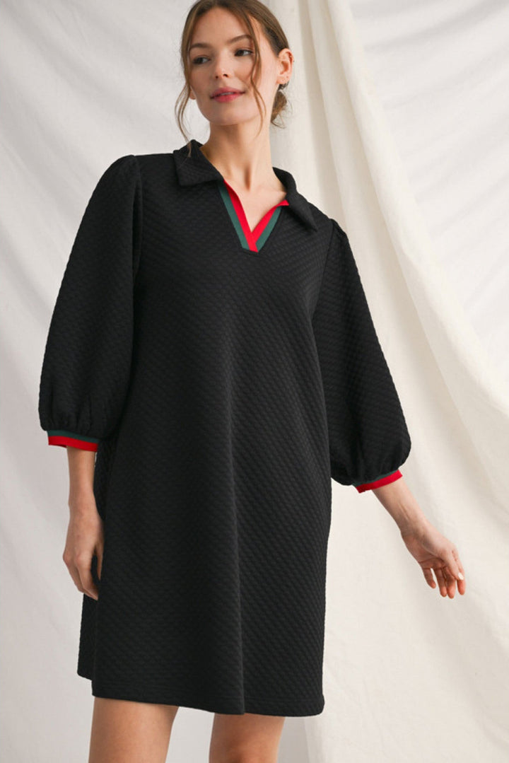 Textured Puff Sleeve Dress W/Stripe Trim - Lush Lemon - Women's Clothing - Jodifl - 13410021344797