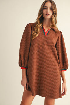 Textured Puff Sleeve Dress W/Stripe Trim - Lush Lemon - Women&