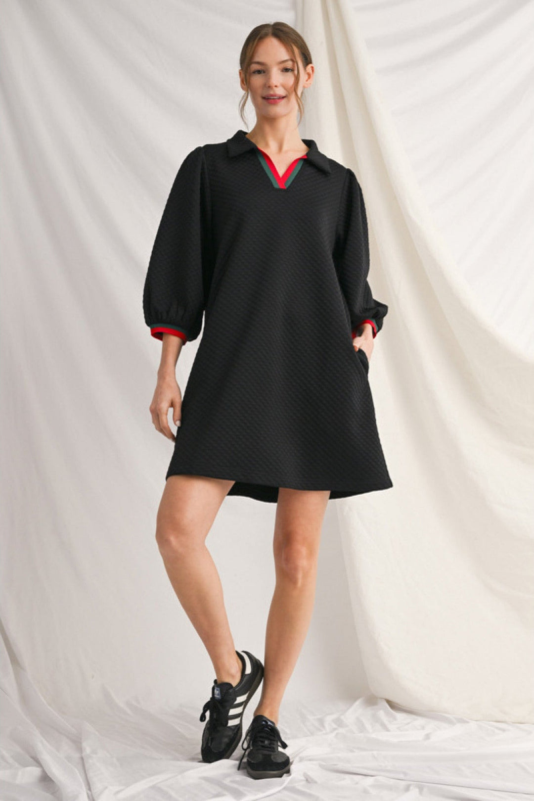 Textured Puff Sleeve Dress W/Stripe Trim - Lush Lemon - Women's Clothing - Jodifl - 13410021344797