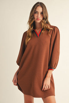 Textured Puff Sleeve Dress W/Stripe Trim - Lush Lemon - Women&
