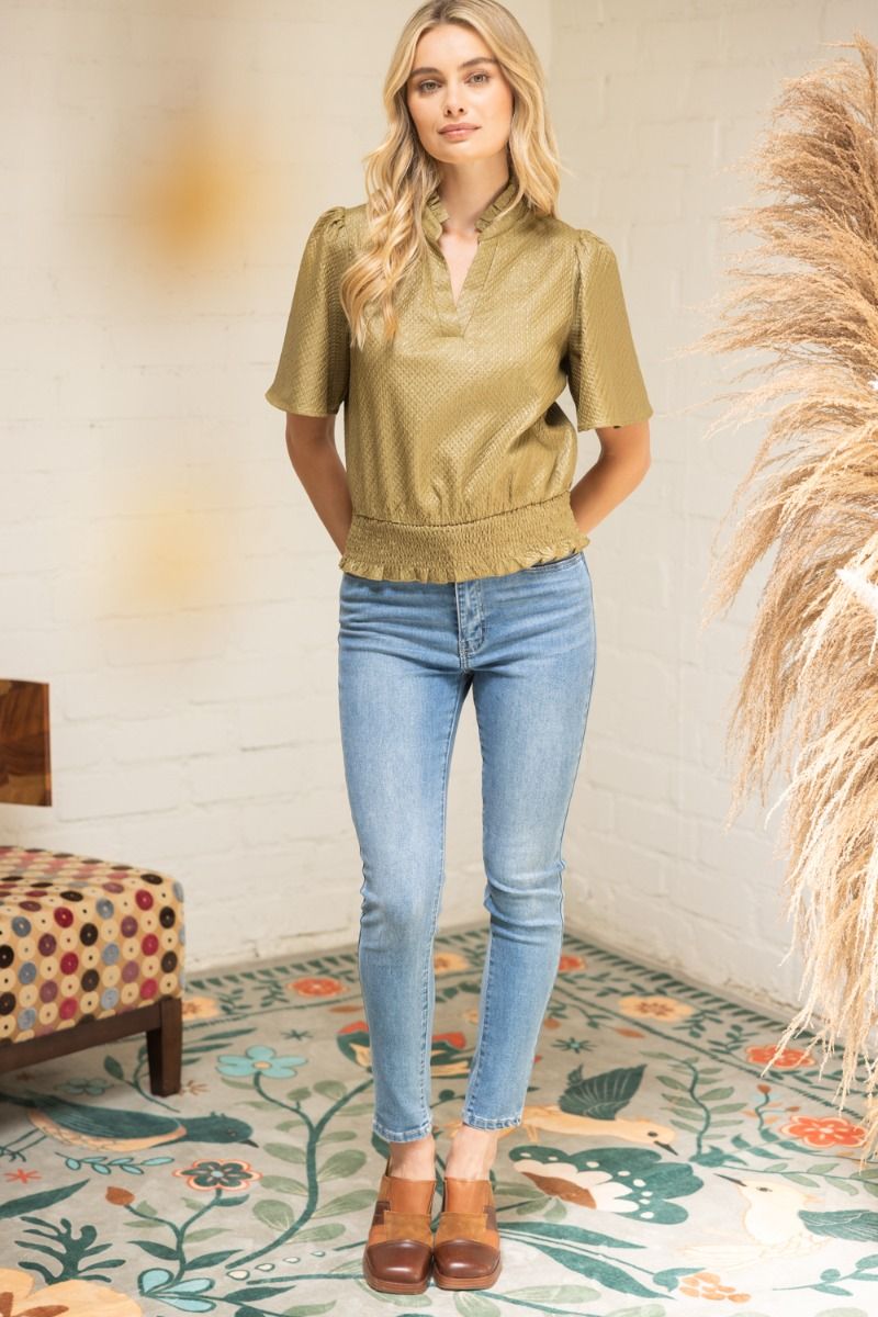 Textured V - Neck Top W/Smocked Hem - Lush Lemon - Women's Clothing - Voy - 26429031309437
