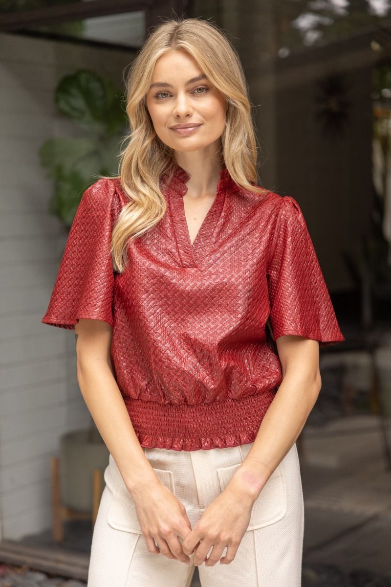 Textured V - Neck Top W/Smocked Hem - Lush Lemon - Women's Clothing - Voy - 46429021011133