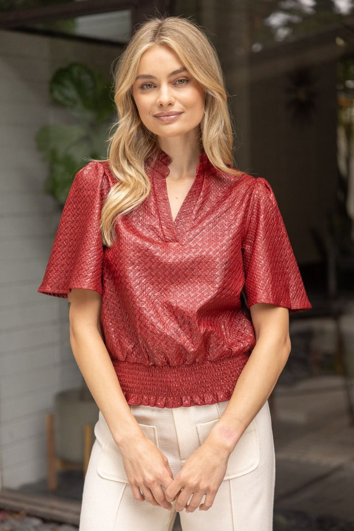 Textured V - Neck Top W/Smocked Hem - Lush Lemon - Women's Clothing - Voy - 46429021011133