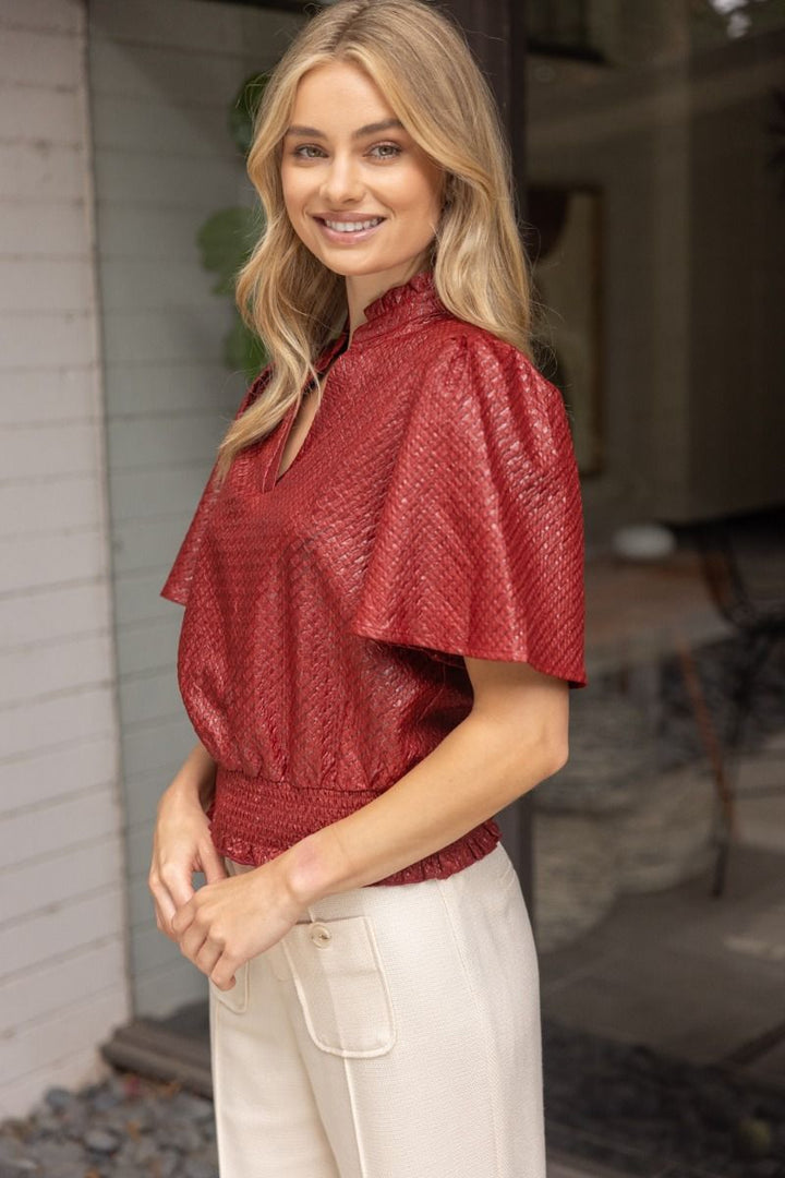Textured V - Neck Top W/Smocked Hem - Lush Lemon - Women's Clothing - Voy - 46429021011133