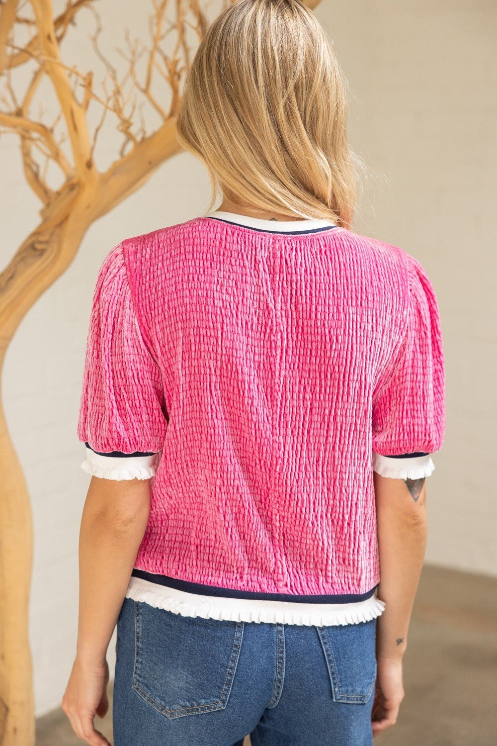 Textured Velvet Ruffle Top - Lush Lemon - Women's Clothing - Voy - 18190801073213