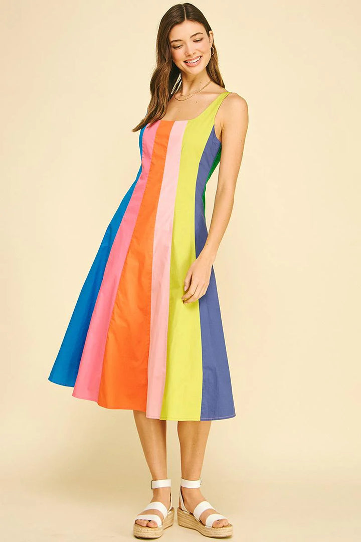 Rainbow Colorblock A-Line Midi Dress