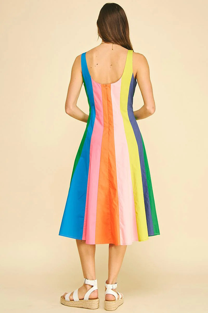 Rainbow Colorblock A-Line Midi Dress