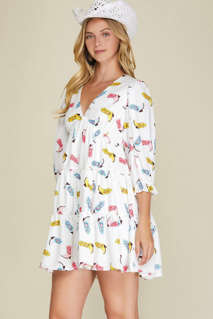 Tiered Cowboy Boots Print Dress - Lush Lemon - Women's Clothing - She + Sky - 586158611