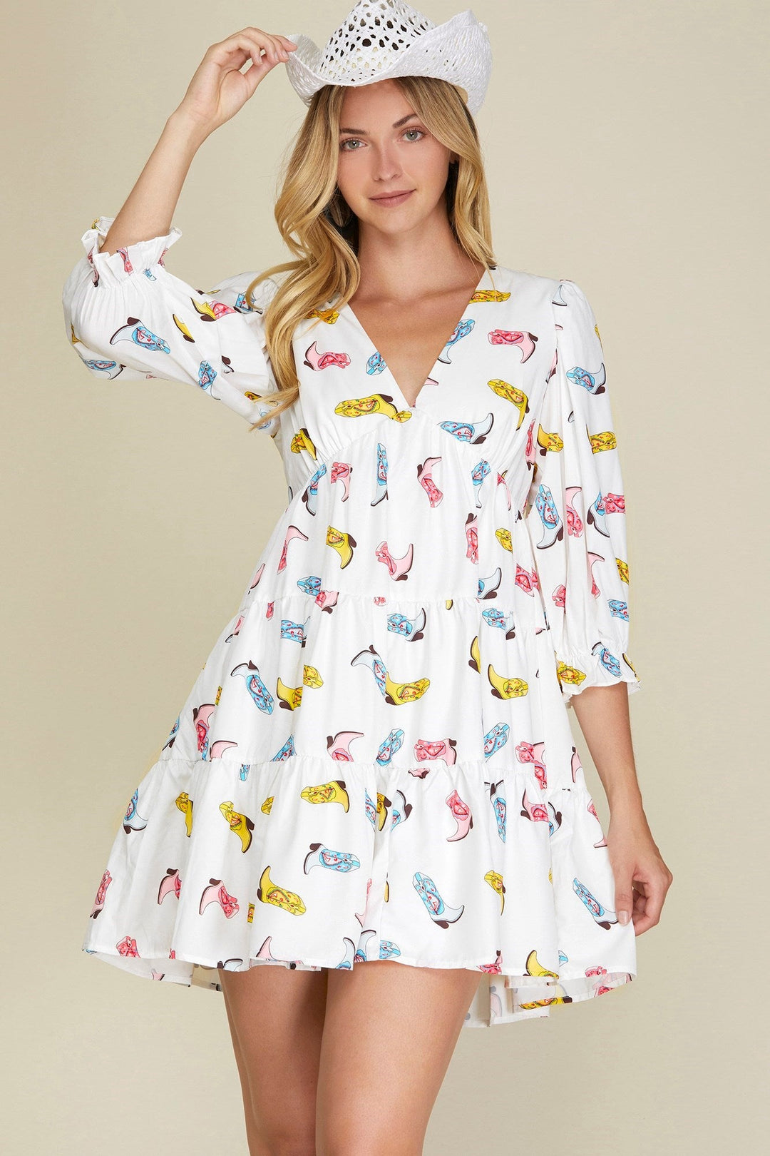 Tiered Cowboy Boots Print Dress - Lush Lemon - Women's Clothing - She + Sky - 586158611