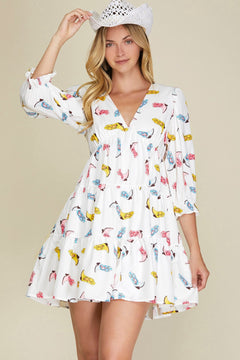 Tiered Cowboy Boots Print Dress - Lush Lemon - Women&