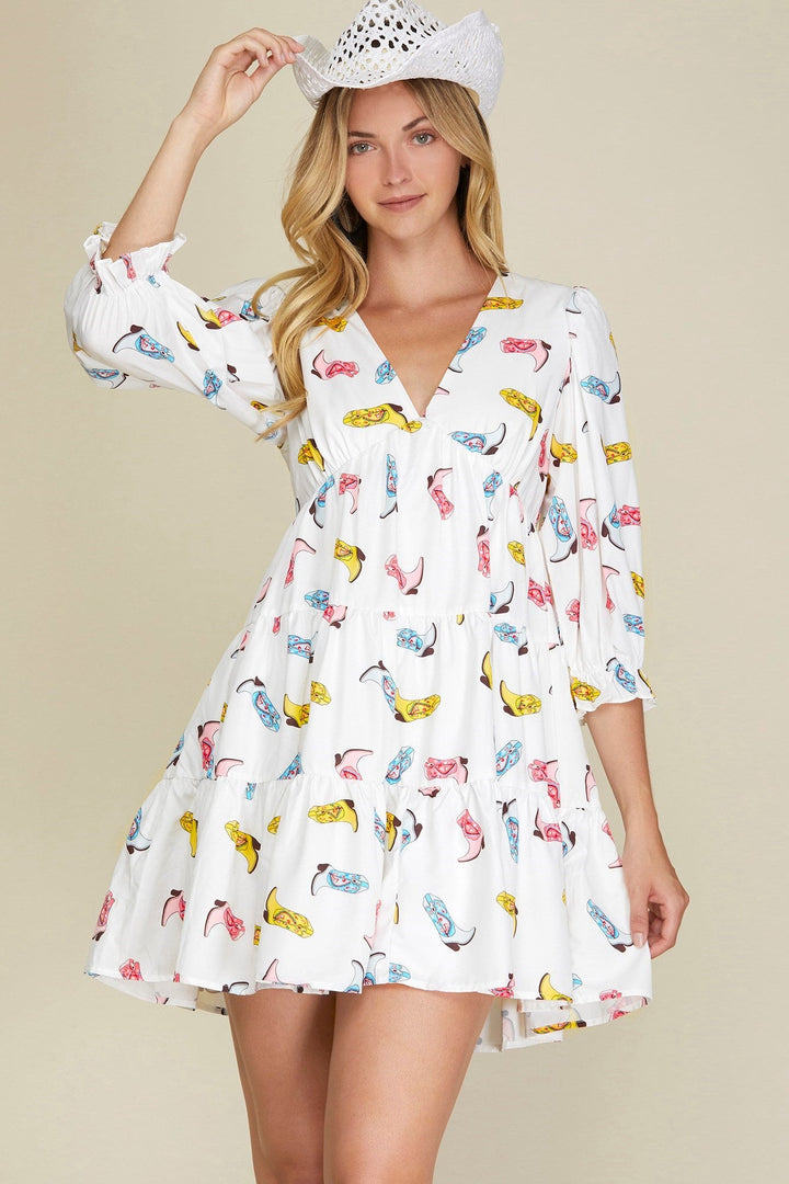 Tiered Cowboy Boots Print Dress - Lush Lemon - Women's Clothing - She + Sky - 586158611