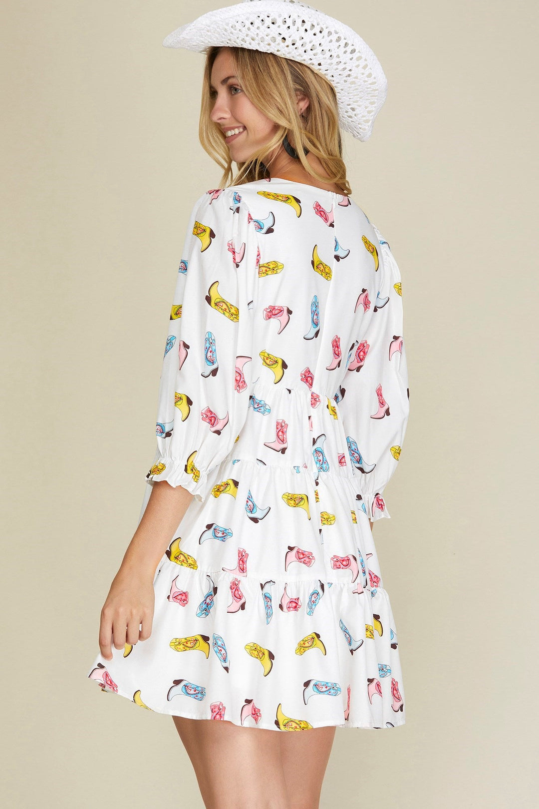 Tiered Cowboy Boots Print Dress - Lush Lemon - Women's Clothing - She + Sky - 586158611