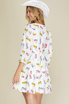 Tiered Cowboy Boots Print Dress - Lush Lemon - Women&