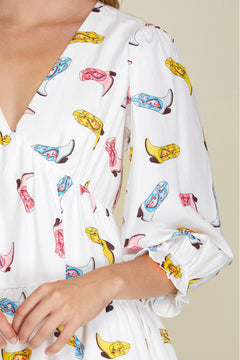 Tiered Cowboy Boots Print Dress - Lush Lemon - Women&