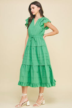 Tiered Maxi Dress W/Flutter Sleeves - Lush Lemon - Women&