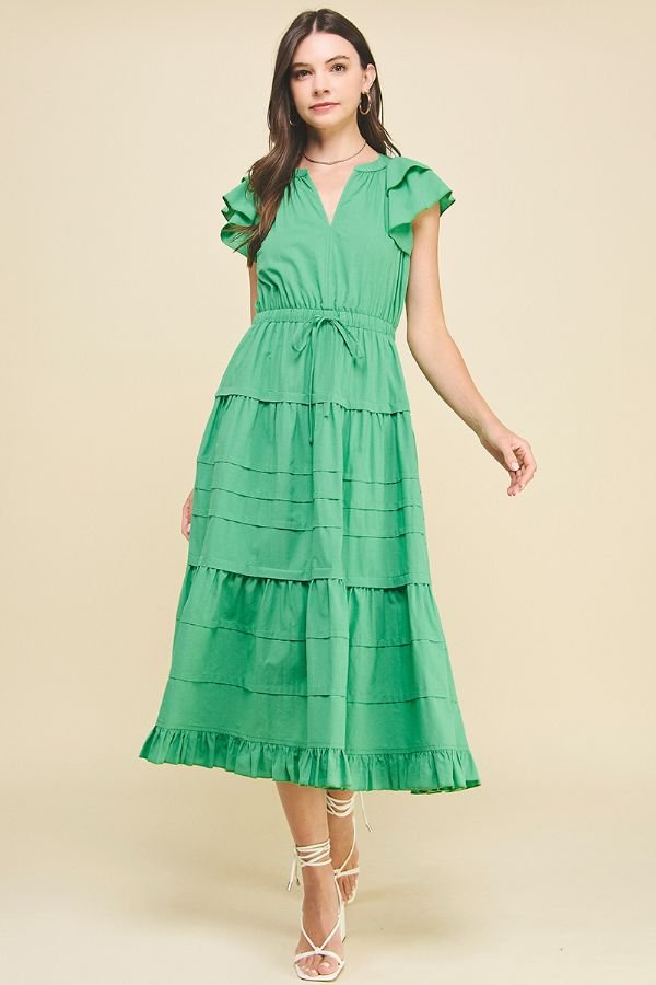 Tiered Maxi Dress W/Flutter Sleeves - Pinch - Lush Lemon Tiered Maxi Dress W/Flutter Sleeves - Pinch - Lush Lemon