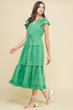 Tiered Maxi Dress W/Flutter Sleeves - Lush Lemon - Women&
