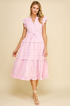 Tiered Maxi Dress W/Flutter Sleeves - Lush Lemon - Women&