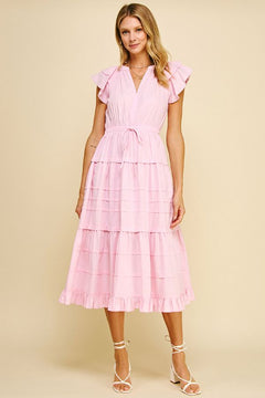 Tiered Maxi Dress W/Flutter Sleeves - Lush Lemon - Women&