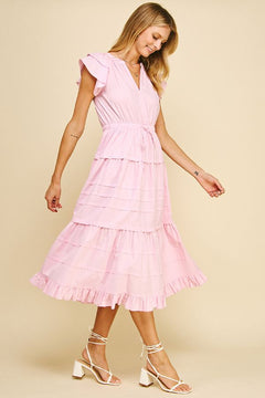 Tiered Maxi Dress W/Flutter Sleeves - Lush Lemon - Women&