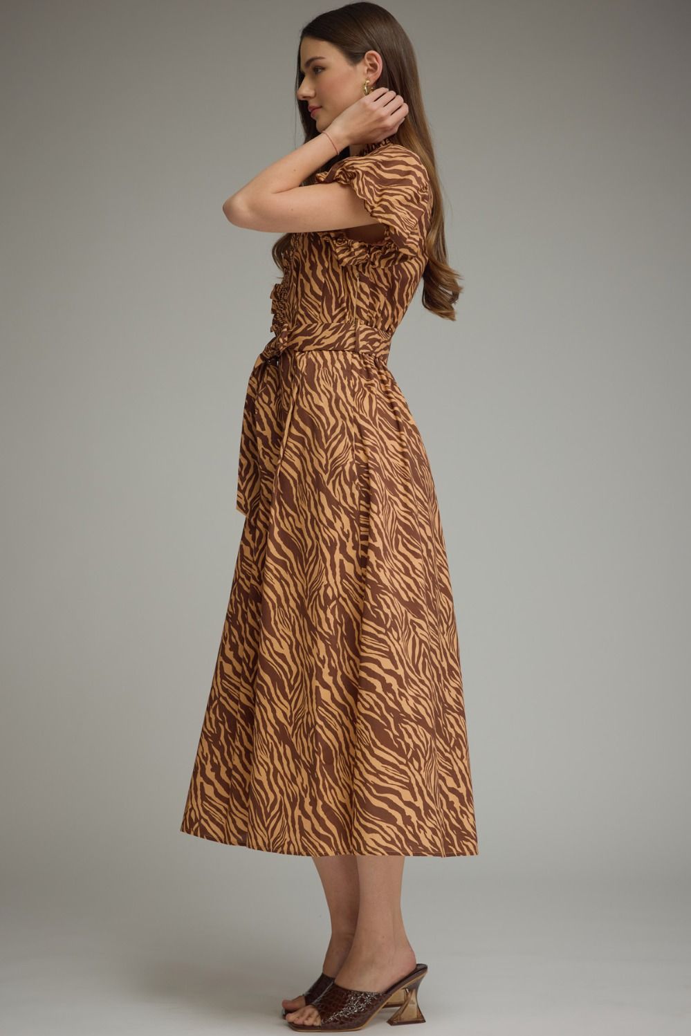Tiger Print Ruffle Neck Midi Dress - Lush Lemon - Women's Clothing - Entro - 37904661001149