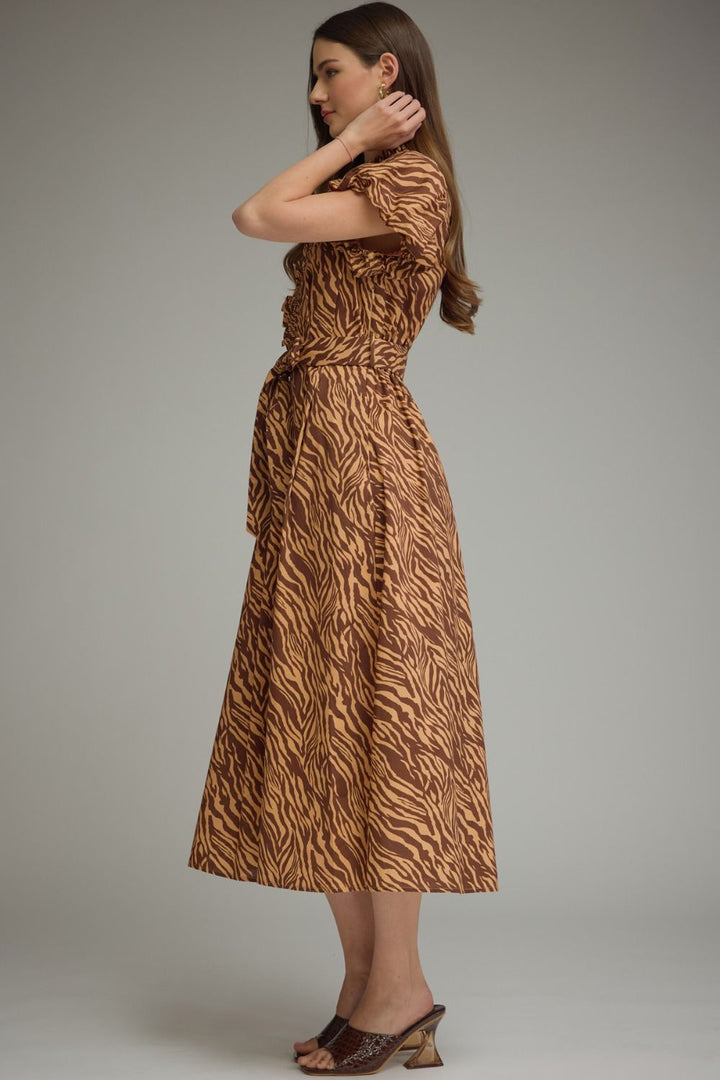 Tiger Print Ruffle Neck Midi Dress - Lush Lemon - Women's Clothing - Entro - 37904661001149