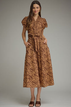 Tiger Print Ruffle Neck Midi Dress - Lush Lemon - Women&