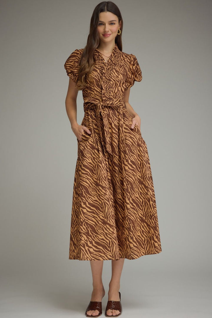 Tiger Print Ruffle Neck Midi Dress - Lush Lemon - Women's Clothing - Entro - 37904661001149