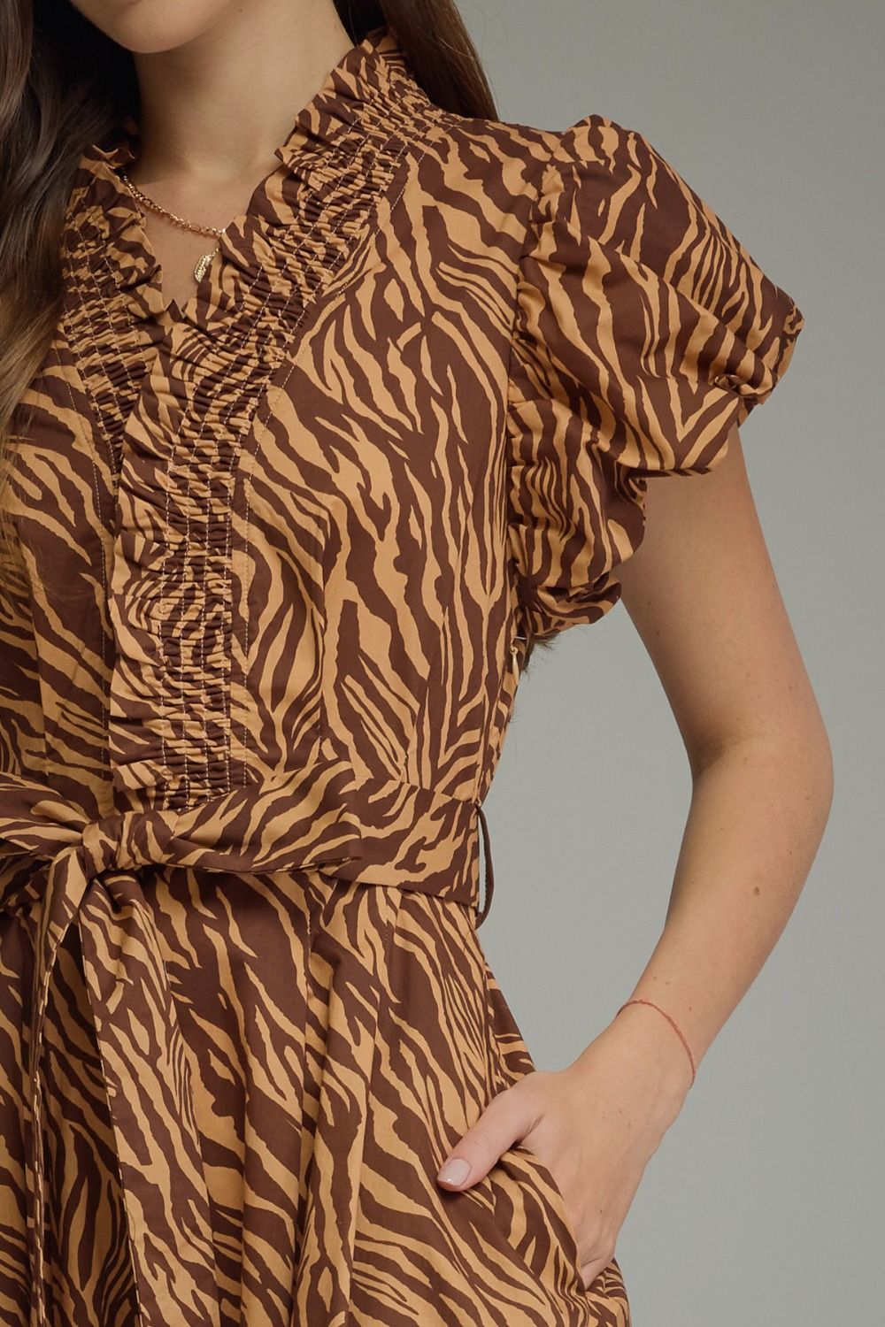Tiger Print Ruffle Neck Midi Dress - Lush Lemon - Women's Clothing - Entro - 37904661001149