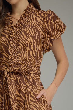 Tiger Print Ruffle Neck Midi Dress - Lush Lemon - Women&