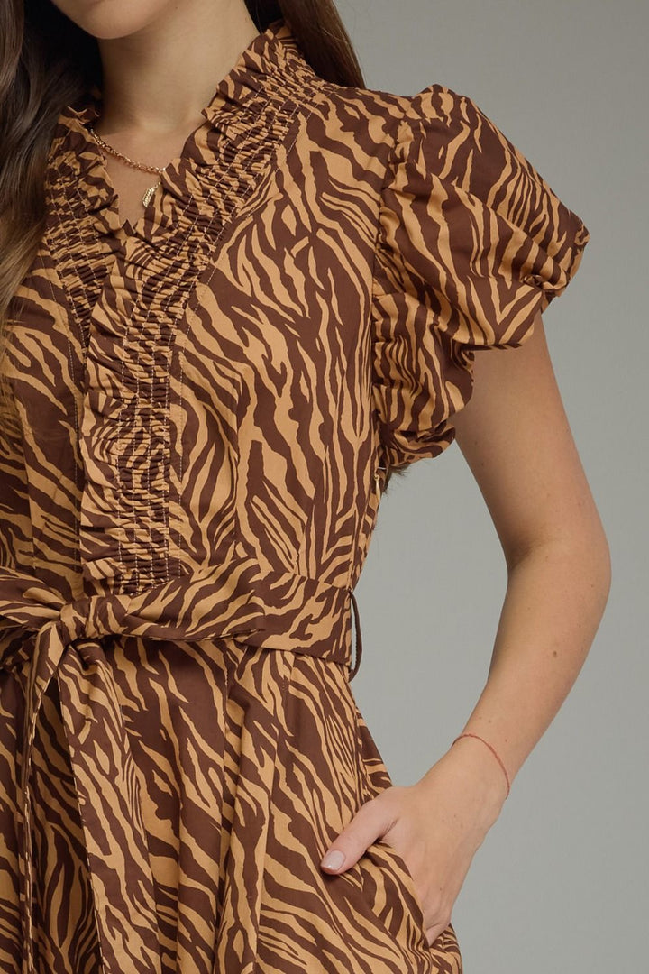 Tiger Print Ruffle Neck Midi Dress - Lush Lemon - Women's Clothing - Entro - 37904661001149