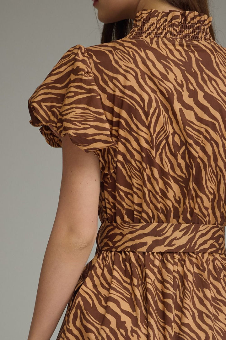Tiger Print Ruffle Neck Midi Dress - Lush Lemon - Women's Clothing - Entro - 37904661001149