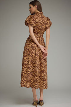 Tiger Print Ruffle Neck Midi Dress - Lush Lemon - Women&