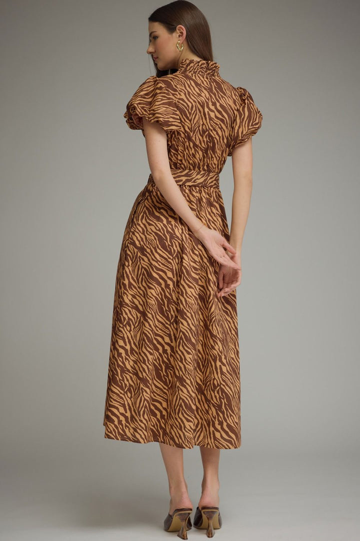 Tiger Print Ruffle Neck Midi Dress - Lush Lemon - Women's Clothing - Entro - 37904661001149