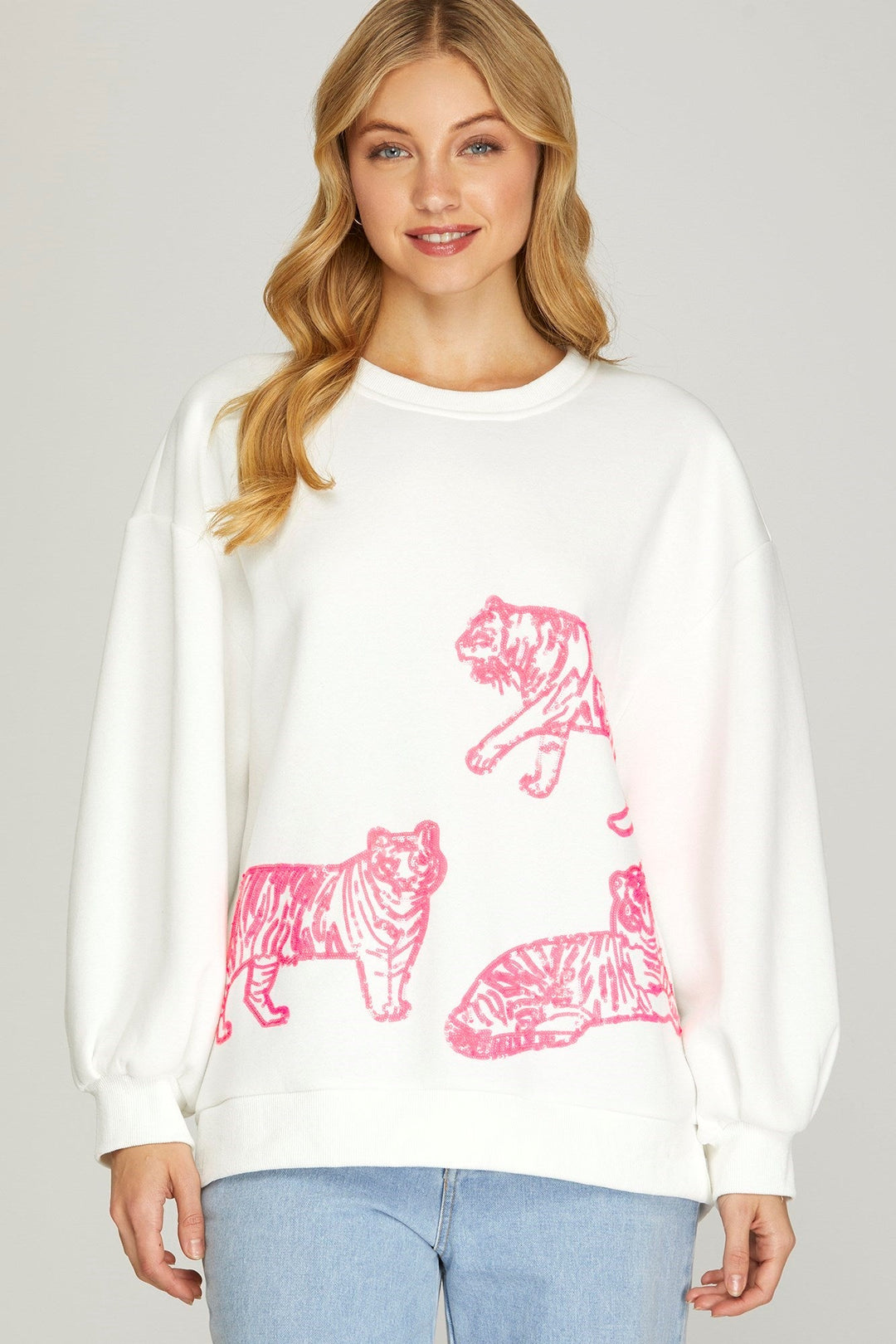 Tiger Sequin Knit Top W/Brushed Inside - Lush Lemon - Women's Clothing - She + Sky - 27457421029181