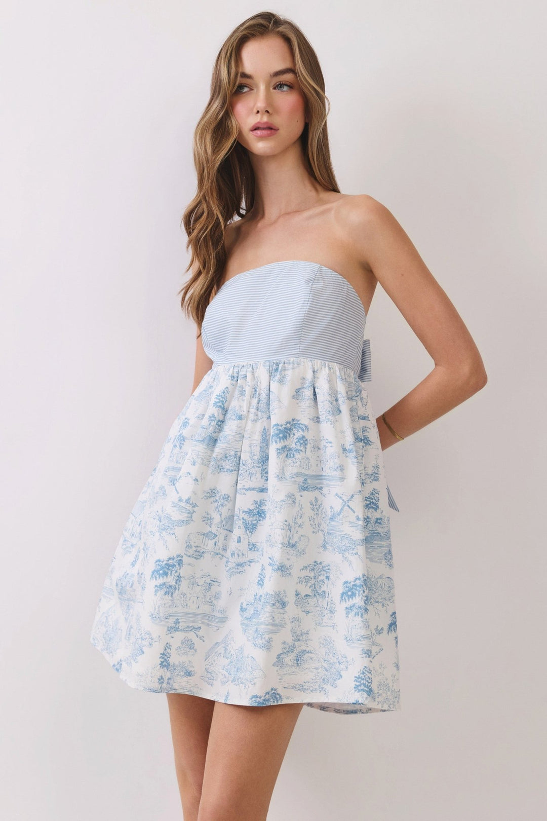 Toile Print Bow Back Mini Dress - Lush Lemon - Women's Clothing - TCEC - 30779891033053